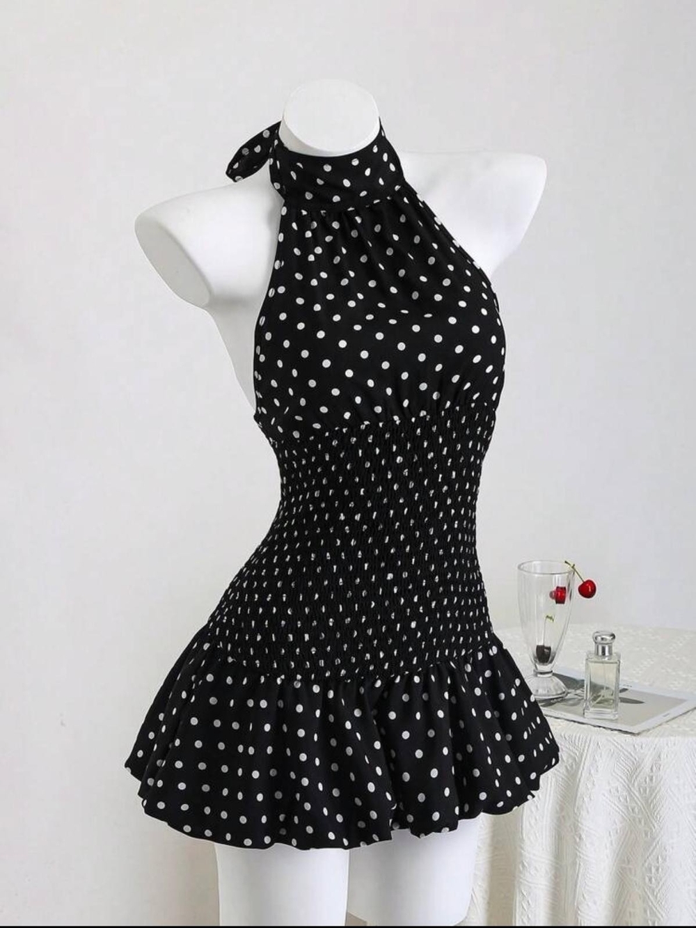 SHEIN Black and White Polka Dot Halter Mini Dress